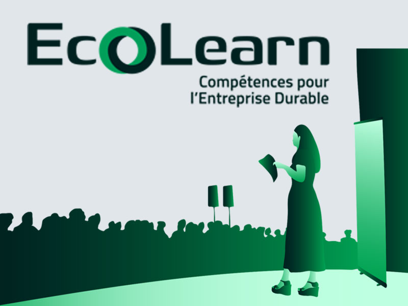 Logo EcoLearn avec une personne présentant une formation